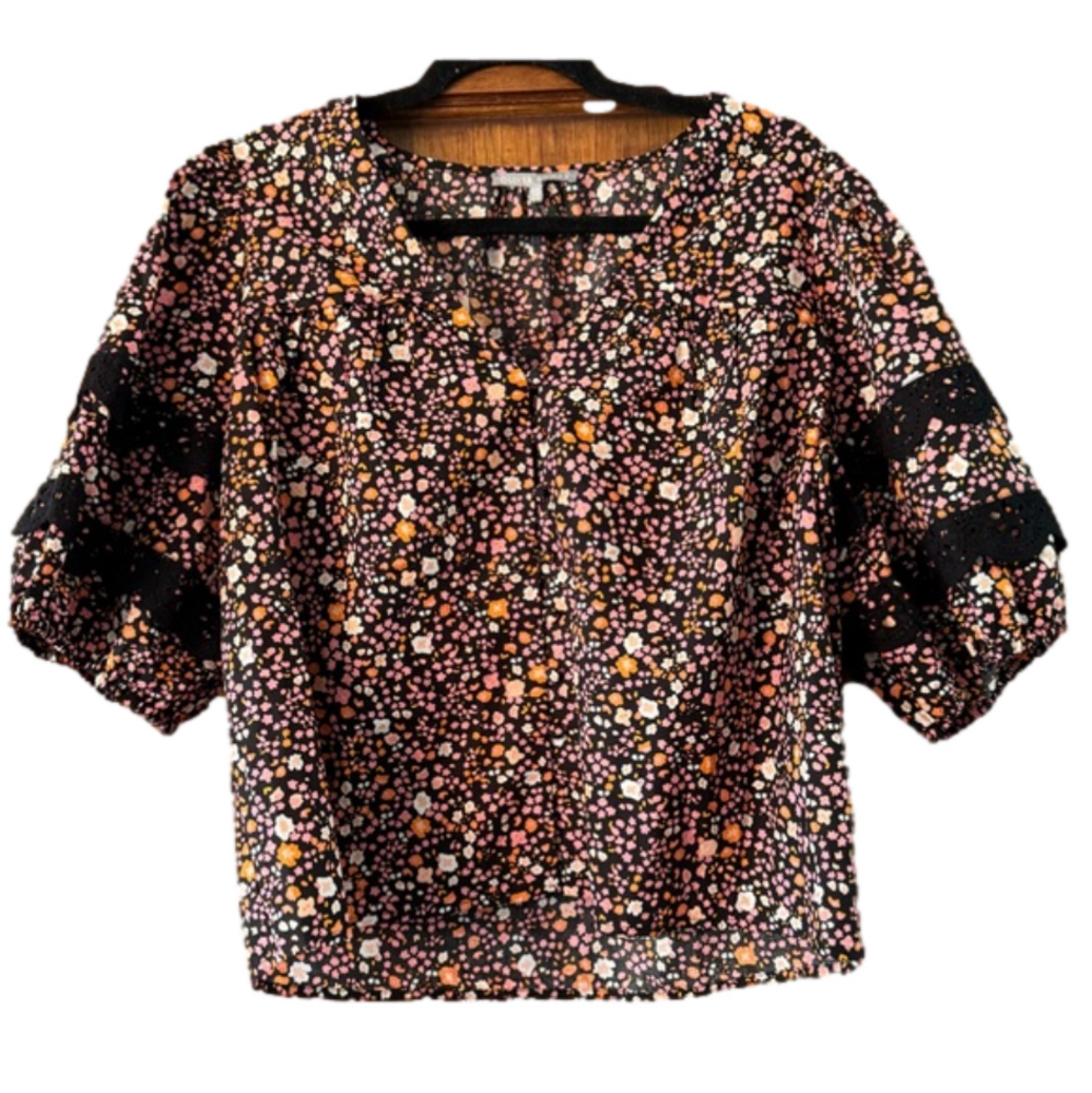 Oliver Bonas Floral Print Broderie Black Cotton Blouse- Size 12